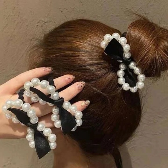 Set of 3 Elegant Pearl Bow Hair Tie Chic Black Ribbon Ponytail Holder Glam Look - Picture 1 of 6